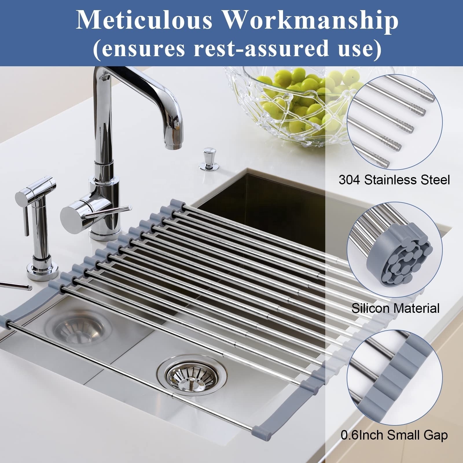 Stainless Steel Portable Expandable Foldable Over The Sink Dish Drainer Roll Up Dish Drying Rack with cup holder