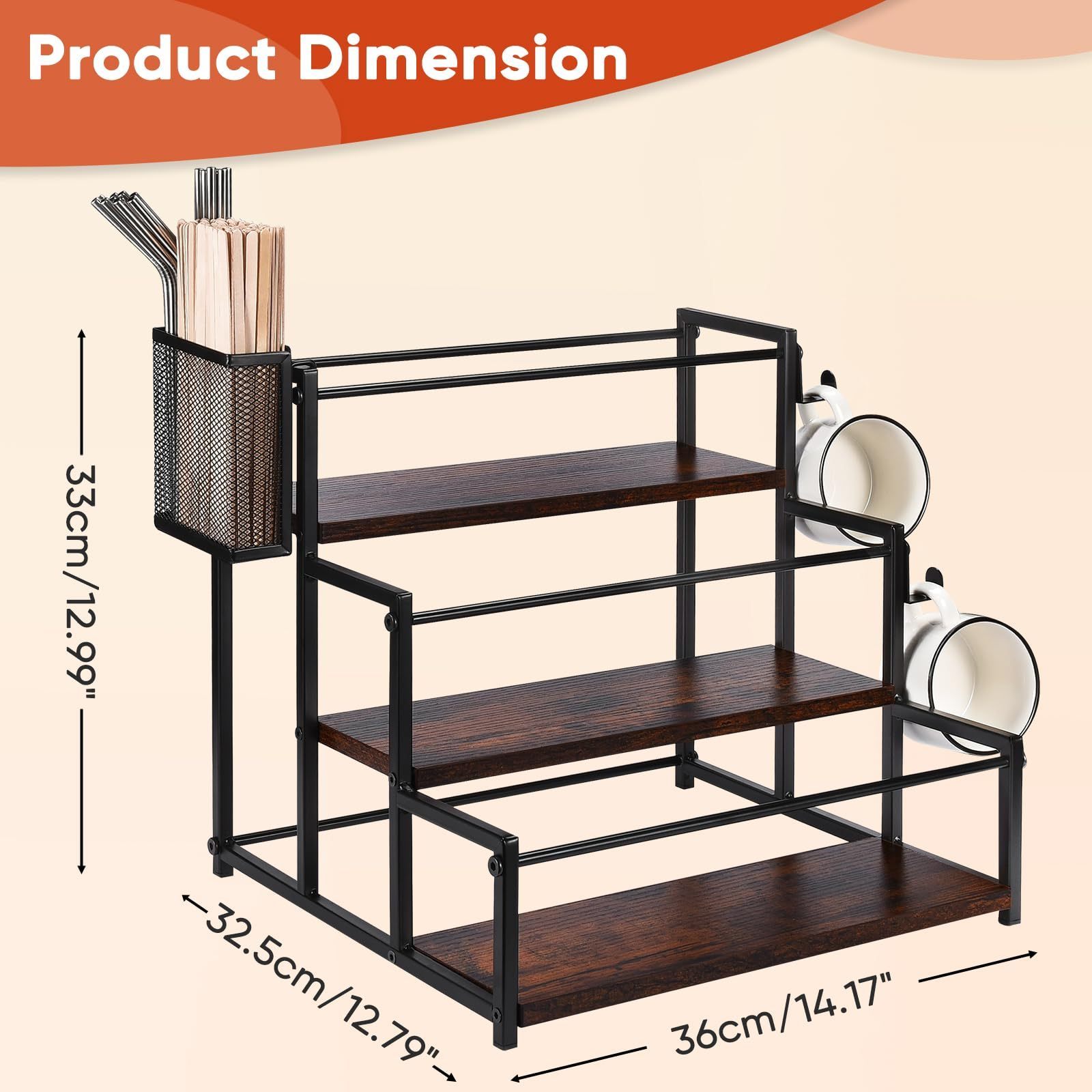 Coffee Syrup Wine 3 Tier Syrup 12 Bottle Storage Holder Shelves Stand Rack Organizer for Coffee Bar with Basket Hooks for Syrup