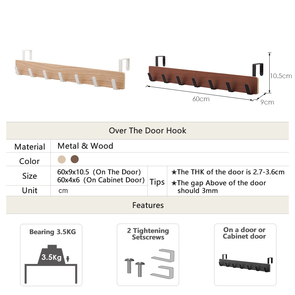 Wooden 7 Hook hat Clothing coat Heavy Duty Over Door hook Hanger organizer Holder rack for Coat Clothes Hat