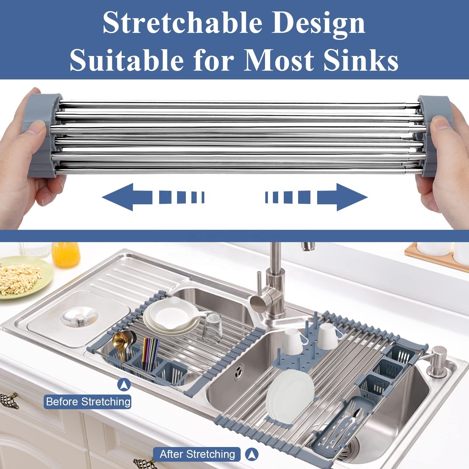 Stainless Steel Portable Expandable Foldable Over The Sink Dish Drainer Roll Up Dish Drying Rack with cup holder