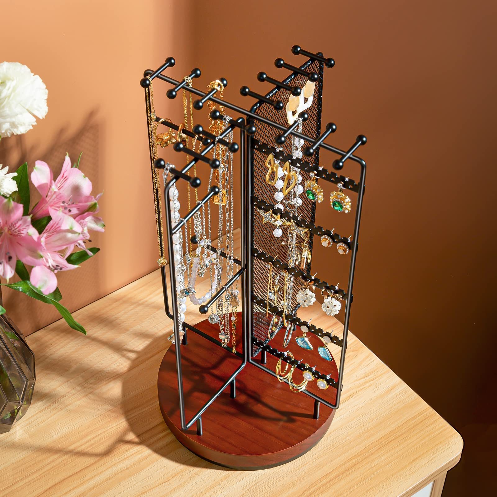 Rotating Jewelry Tree Tower Storage Rack Bracelet Holder Organizer Stand Earring Holder Organizer with 28 Necklace Hooks