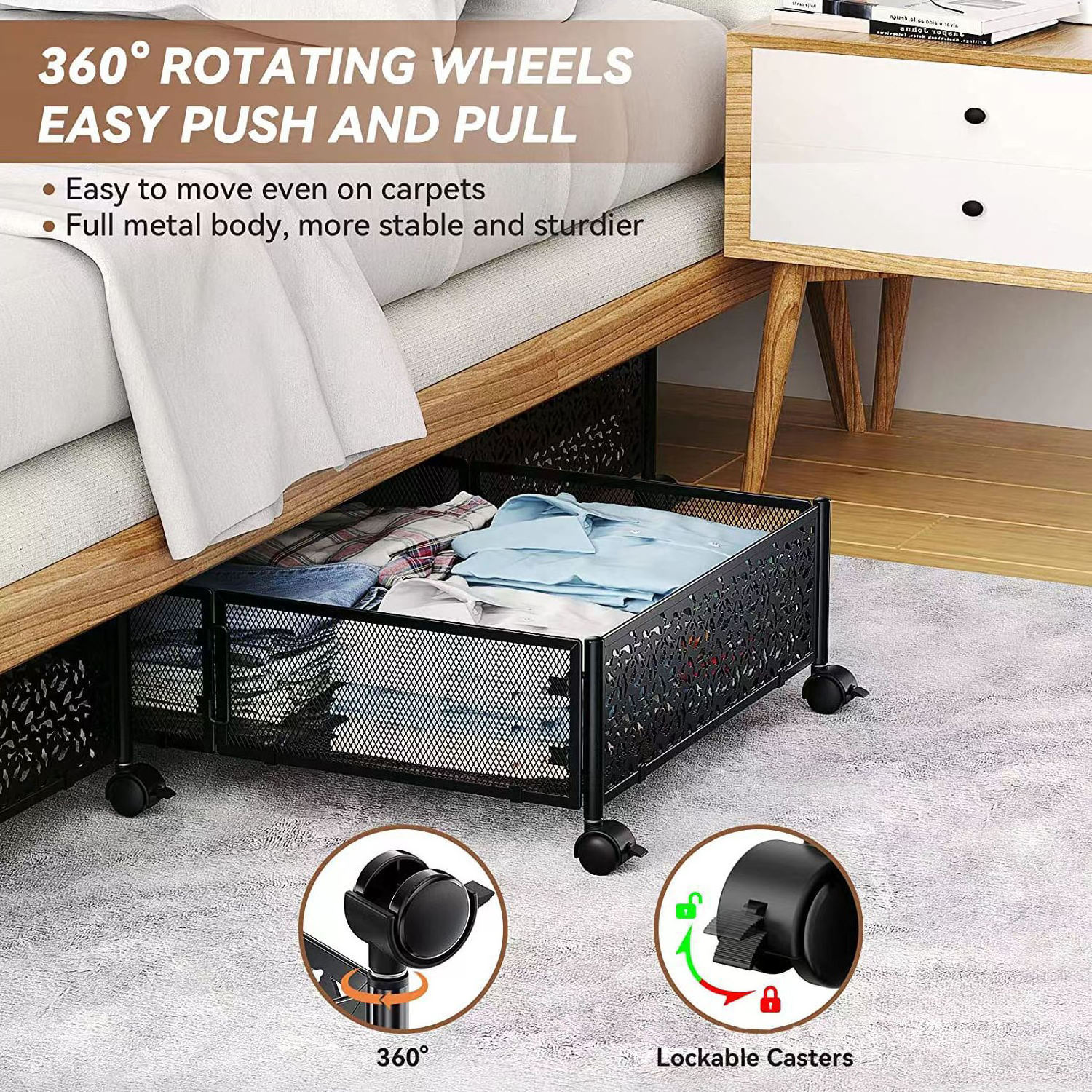 Bedroom Rolling Foldable Metal underbed Under the Bed Storage Drawers Cart Container Organizer box with Wheel and Handle