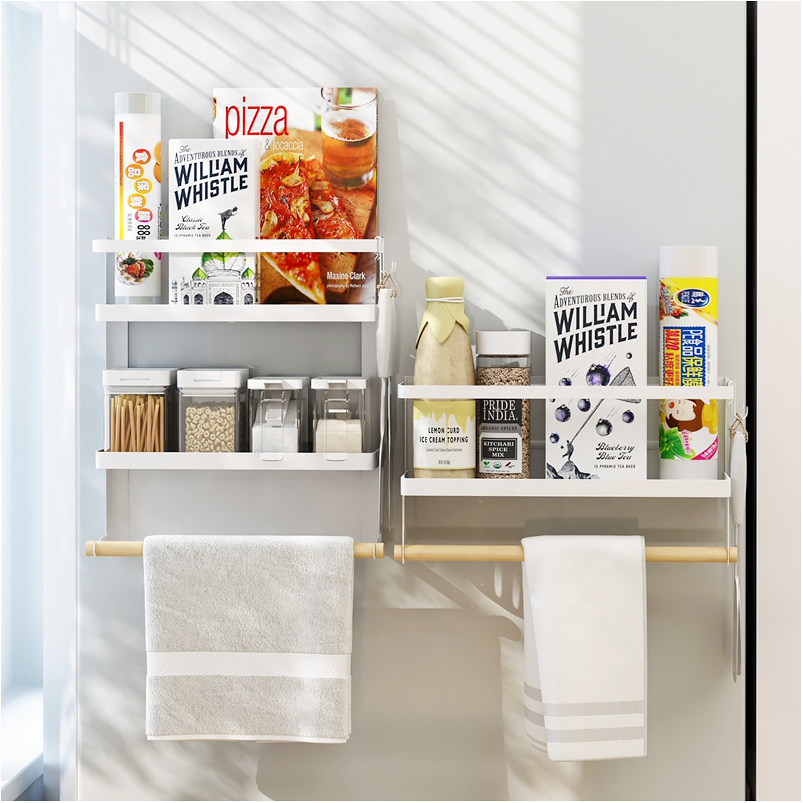 Wall-mounted Magnetic Fridge Side Rack Stainless Steel Spice roll paper Storage Rack Kitchen Organizer