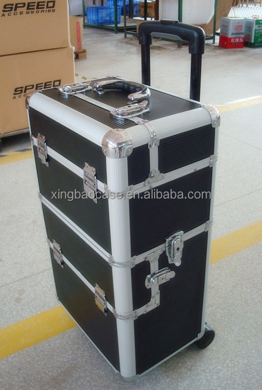 4in1 Interchangeable Professional Trolley Studio Aluminum cosmetic rolling case for makeup artist with wheel