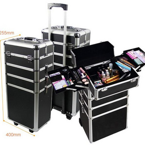 4in1 Interchangeable Professional Trolley Studio Aluminum cosmetic rolling case for makeup artist with wheel