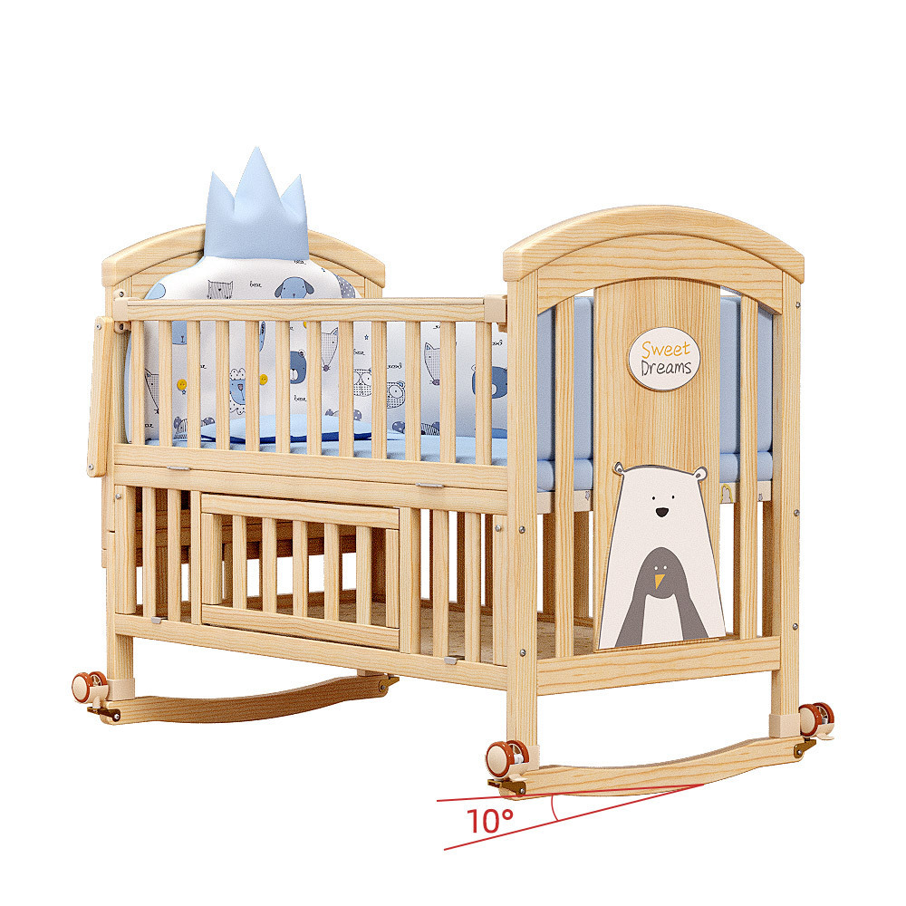 2024 New Good Quality Natural Unpainted Pine Wood Cots Baby Bed Swing Crib Baby Bedroom Furniture Growing Children Bed