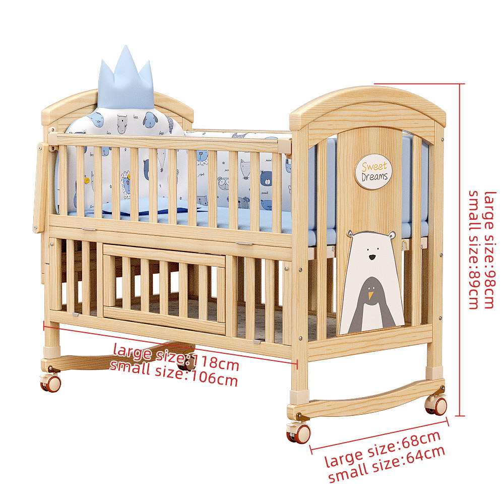 2024 New Good Quality Natural Unpainted Pine Wood Cots Baby Bed Swing Crib Baby Bedroom Furniture Growing Children Bed