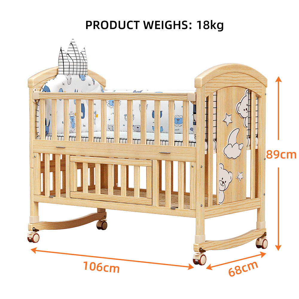 New Comfortable Solid Wood Baby Crib Adjustable Wheels Comfortable Baby Cradle Beds For 0-3 Years Old