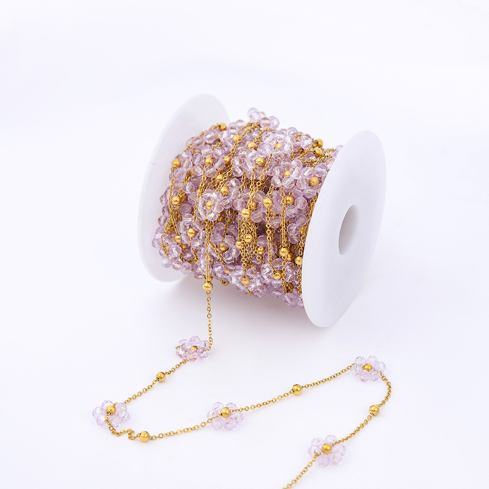 Selling by rolls clothing accessories crystal beads flower shape link chain stainless steel chain