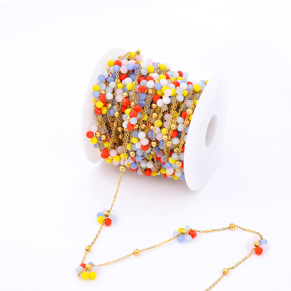 Selling by rolls clothing accessories crystal beads flower shape link chain stainless steel chain