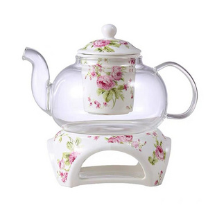 clear heat-resistant 600ml glass teapot with ceramics warmer and infuser