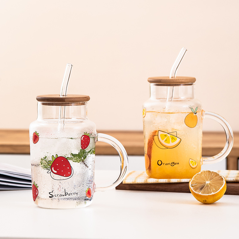 Cartoon decal Juice Glass cup with handle Glass Mug with bamboo lid and straw