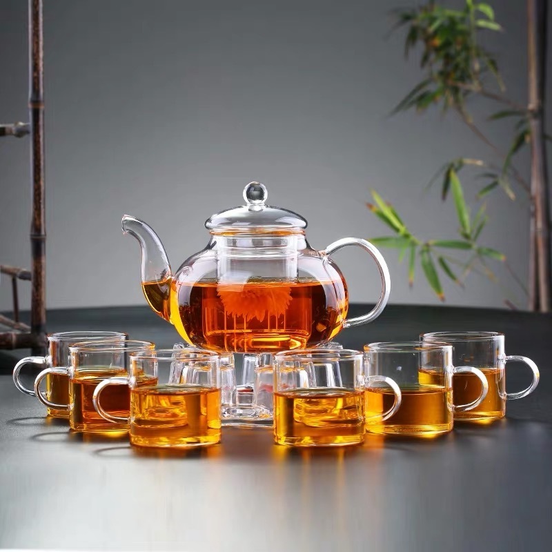 borosilicate transparent clear glass teapot and cup set