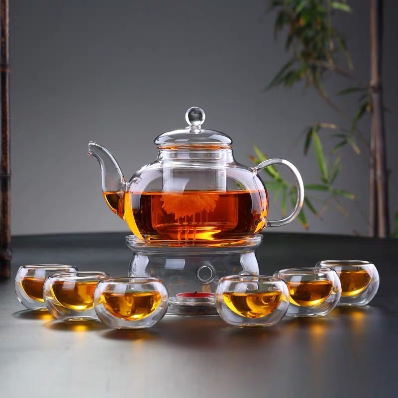 borosilicate transparent clear glass teapot and cup set