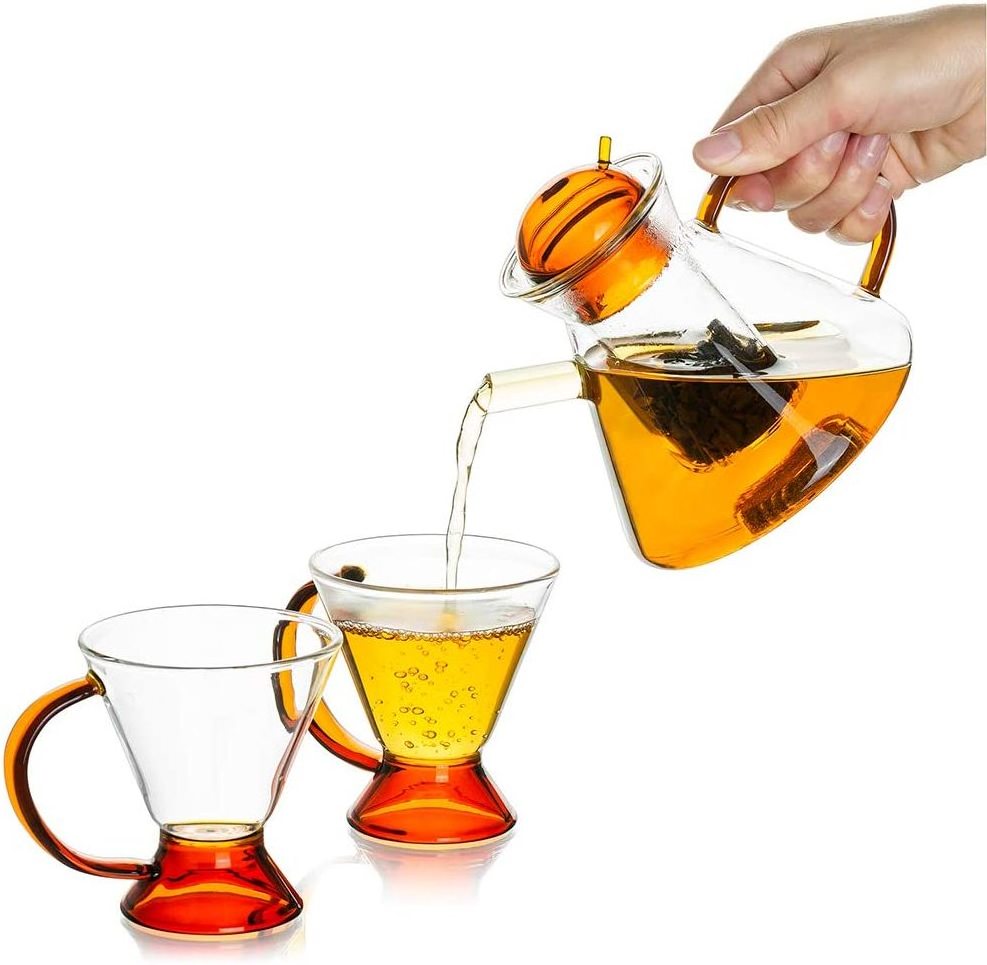 Hot sell Glass Teapot Set with 2 Cups, Clear Glass Tea Pot for Stove Top with Removable Infuser,Decorative and Modern Tea set