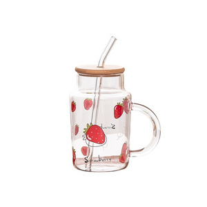 Cartoon decal Juice Glass cup with handle Glass Mug with bamboo lid and straw