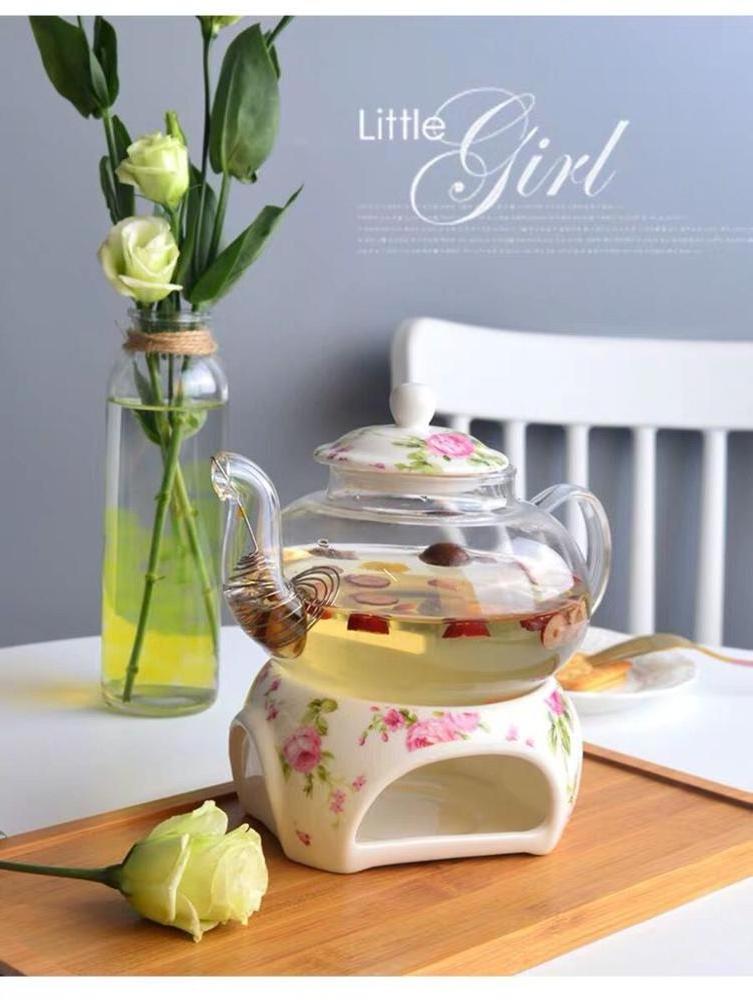 clear heat-resistant 600ml glass teapot with ceramics warmer and infuser