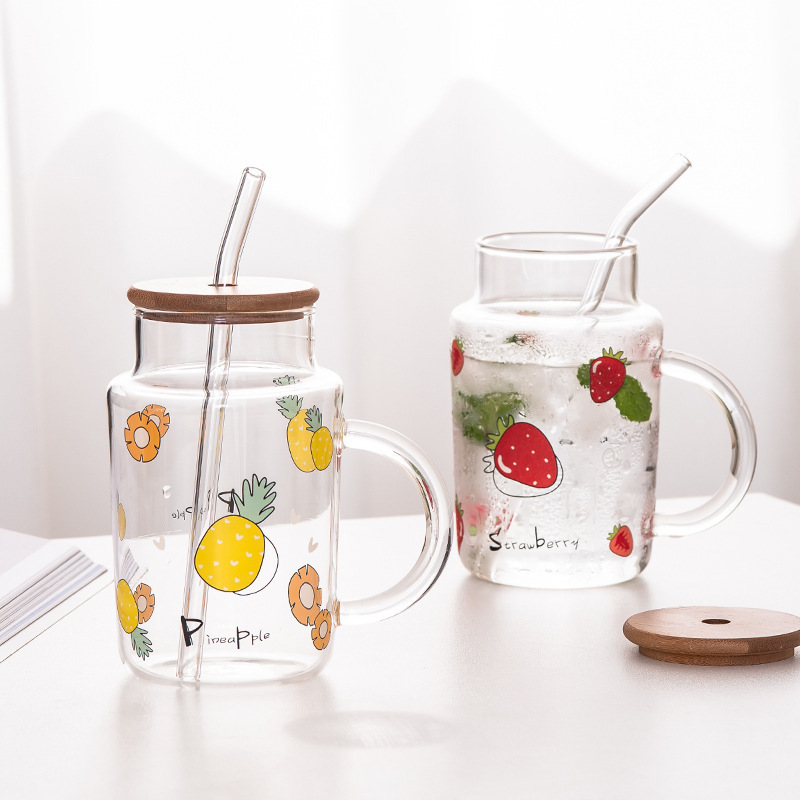 Cartoon decal Juice Glass cup with handle Glass Mug with bamboo lid and straw