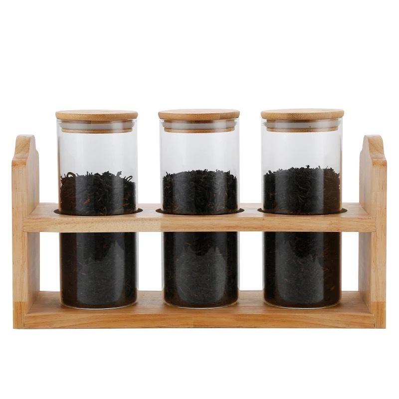 Coffee beans and Tea use airtight Glass jar with bamboo lid and wood display rack