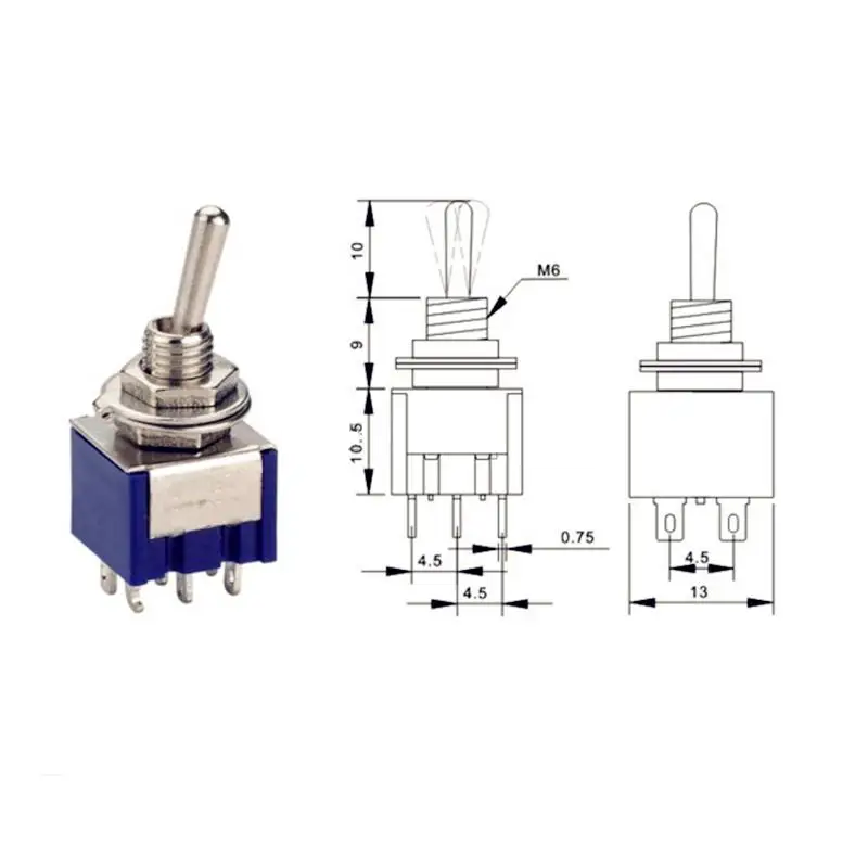 Mini 6 Pin 3 Position Toggle Switches ON-OFF-ON DPDT Mini Toggle Switch 6A/125V AC MTS-203 Blue