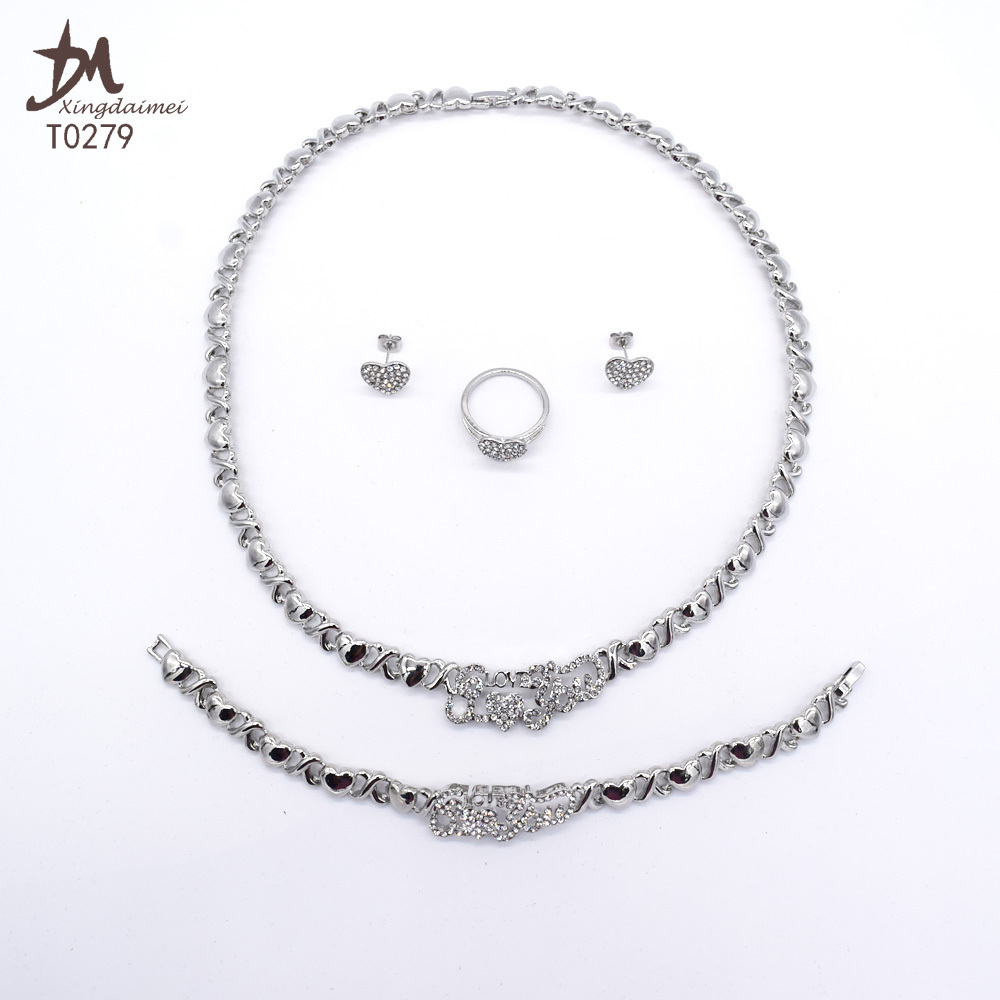 T0279 High quality silver color fishbone 4piece I love you jewelry set big set african jewelry