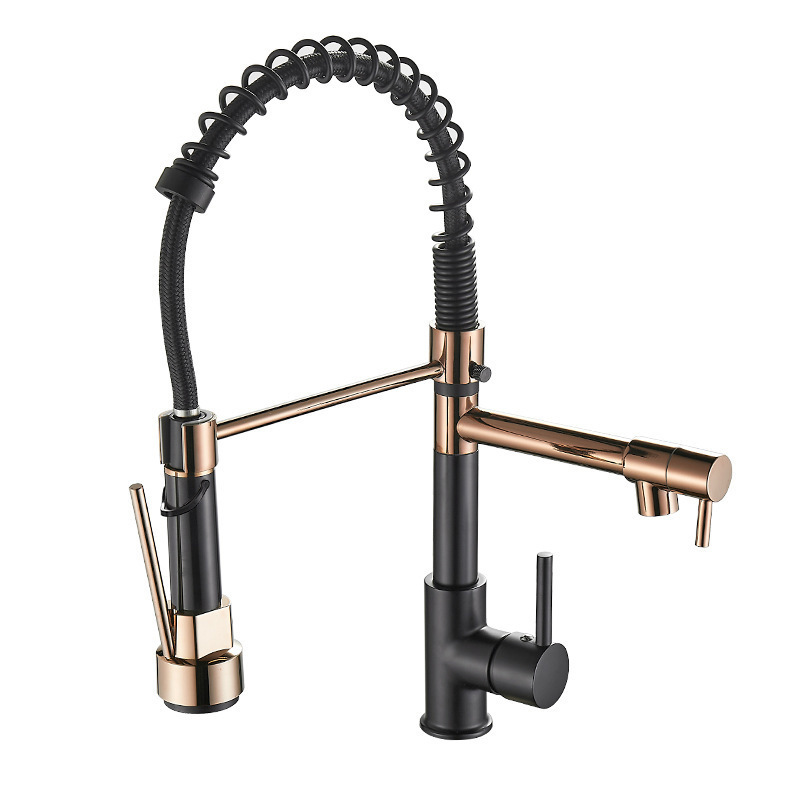 LJW European Style Modern Black And Rose Gold Pull Out Brass Kitchen Sink Faucet