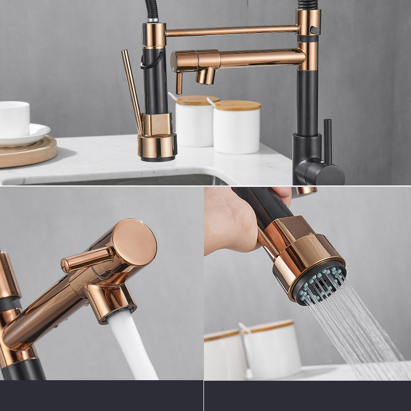 LJW European Style Modern Black And Rose Gold Pull Out Brass Kitchen Sink Faucet