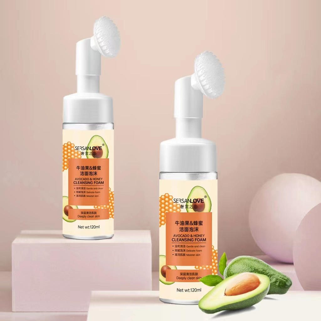 SERSANLOVE 120ml Organic Avocado&Honey Face Wash Cleanser Exfoliator Beauty Facial Mild Cleansing Foam Mousse With Brush OEM