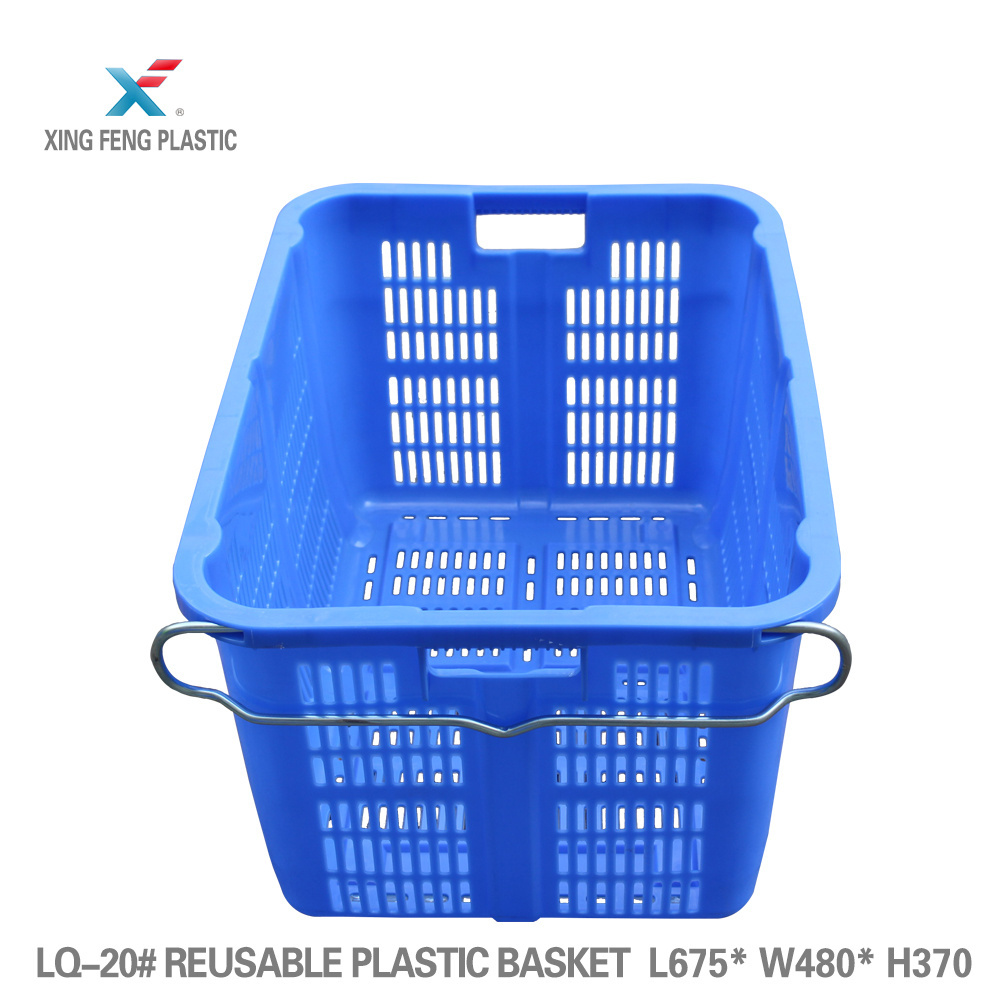 Vegetable turnover basket mesh plastic crate/plastic turnover basket/plastic basket with metal handle