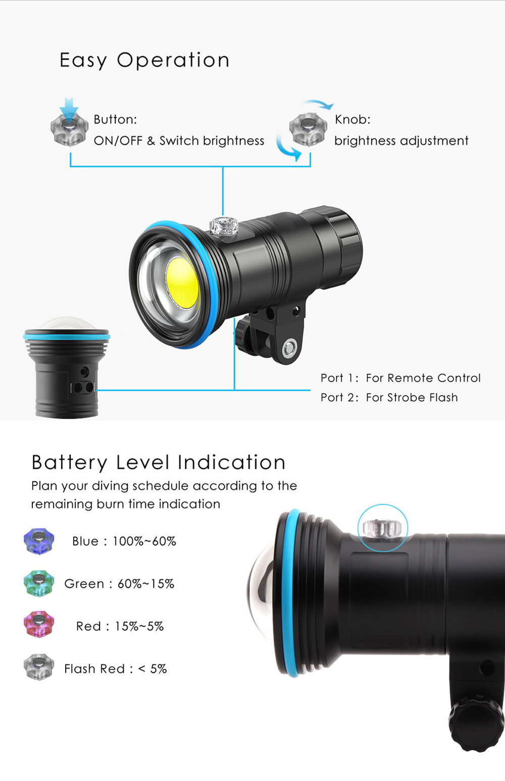 Nautieye NE25 8000LM COB scuba Video Light led dive flashlight With Strobe Mode & Rotate Function