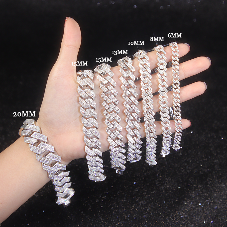 Factory Price Hip Hop 6-20mm Wide VVS Moissanite Diamond Cuban Link Chain 925 Silver Iced Out Moissanite Cuban Bracelet For Men