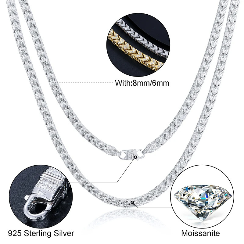 High Quality Hip Hop Jewelry 6mm 8mm 18K Gold Plated 925 Sterling Silver VVS Moissanite Diamond Iced Out Franco Chain Necklace