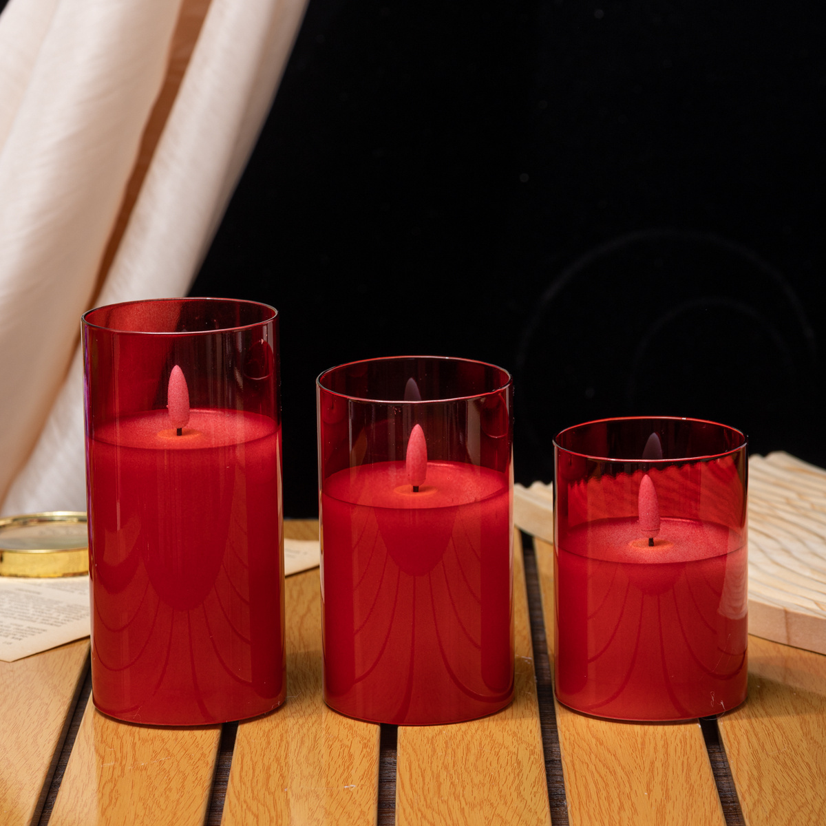 RED glass Newish Flameless Taper Candle Home Decorations Floating Hanging Led Candles for Wedding DecorationD7.5*H10/12.5/15CM