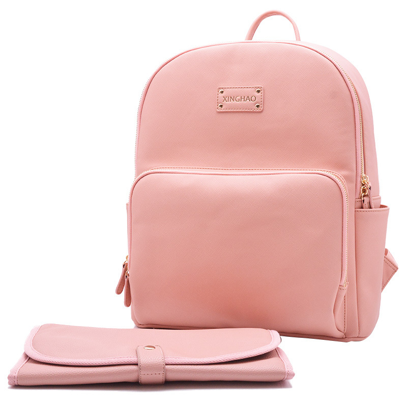 Luxury Custom Logo Vegan Leather Travel Baby Care Nappy Changing Bags Pink Diaper Backpack Bag For Mom