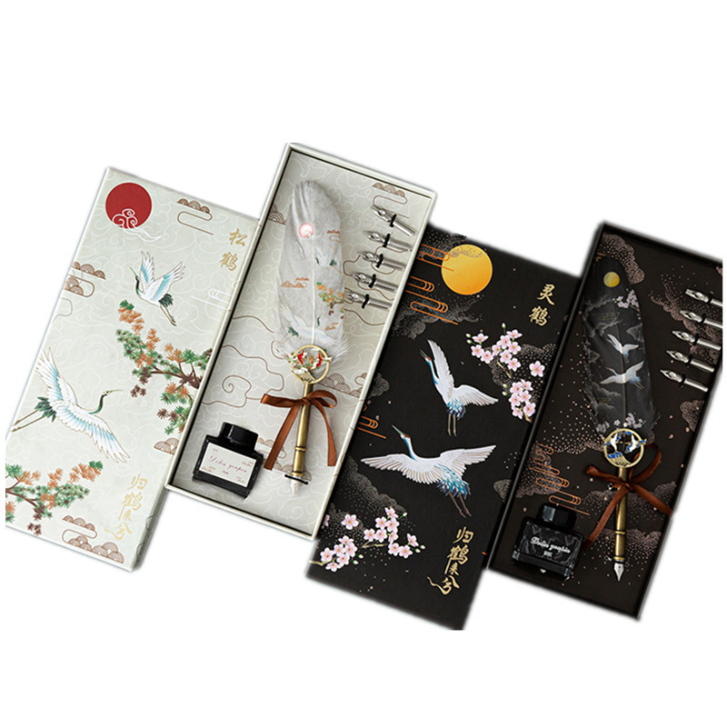 Ready to ship quill pen set Chinese style feather dip pen Crane quill pen set for gift (nib 5)