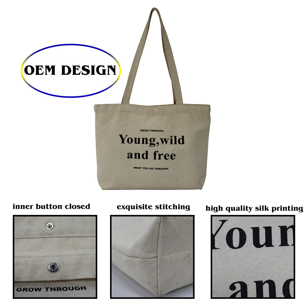 reusable heavy duty canvas shoulder shopping tote bag custom logo with pocket and zipper