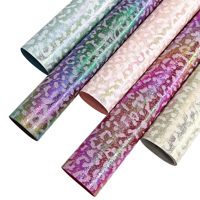 Iridescent Leopard Rainbow Patterned Printed Bursting Faux Leather for Making Hair-Bows/Handbags