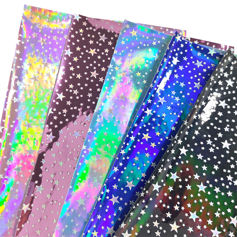 Laser Holographic Foiled Silver Stars Pattern Embossed Patent Faux Leather for Making Shoe Tote Stationery Bags