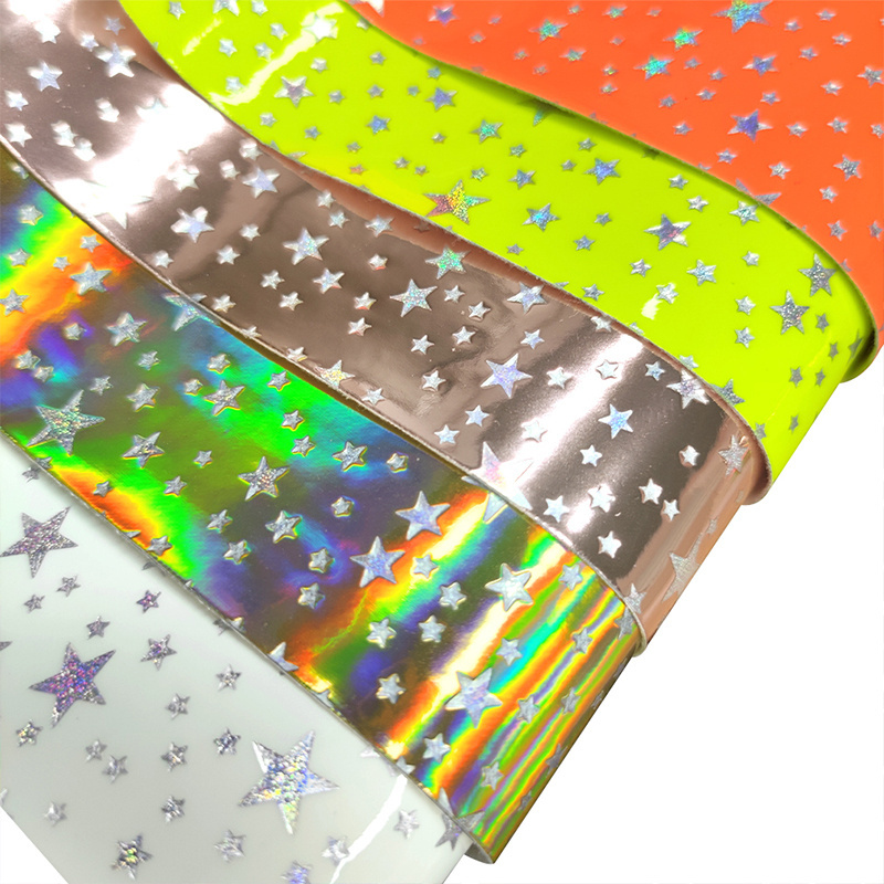 Laser Holographic Foiled Silver Stars Pattern Embossed Patent Faux Leather for Making Shoe Tote Stationery Bags