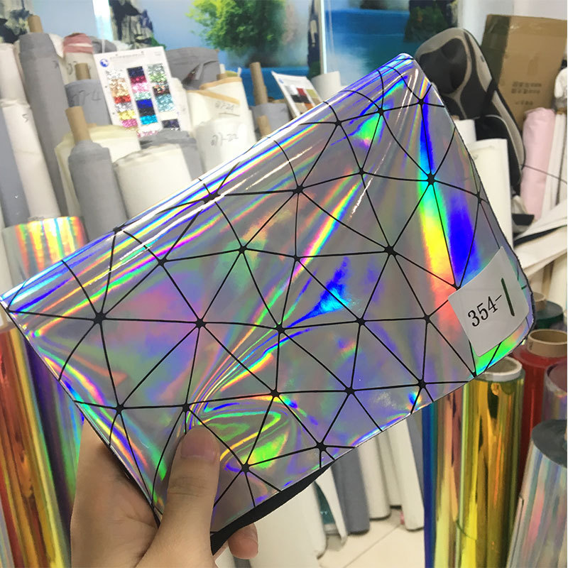 PU holographic metallic Faux fabric leather with spider web pattern for making bags and decoration