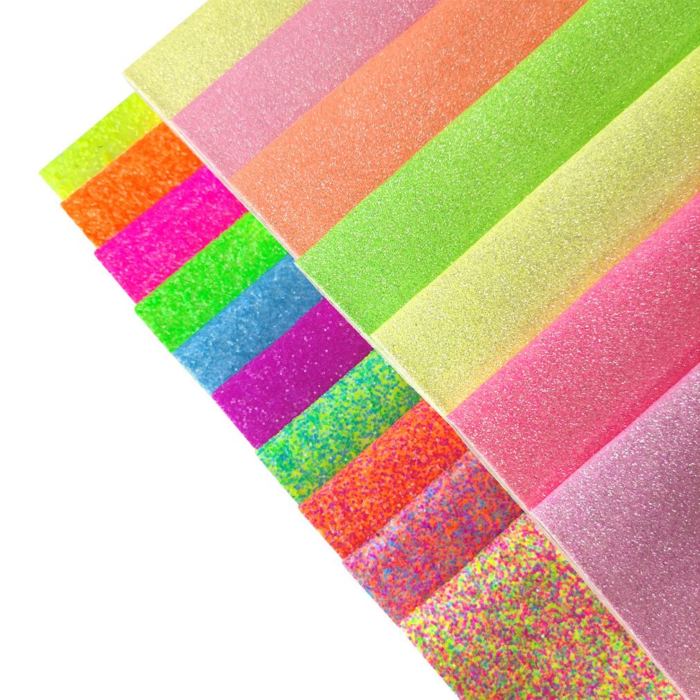 Fluorescent Plain Design Chunky Glitter PU Synthetic Artificial Leather Fabric for Making Decoration/Shoe/Bag/Craft