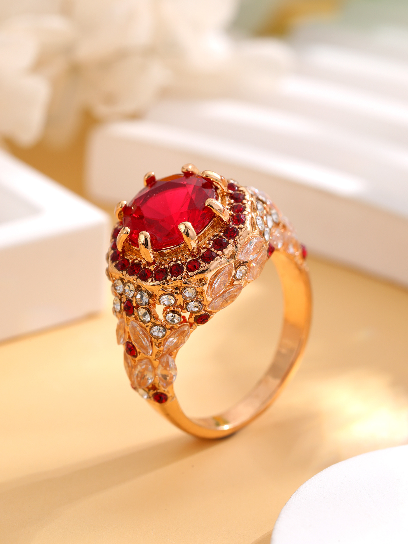 Jewelry fashion trend Light luxury personality style Red Zircon diamond 18k ring for women