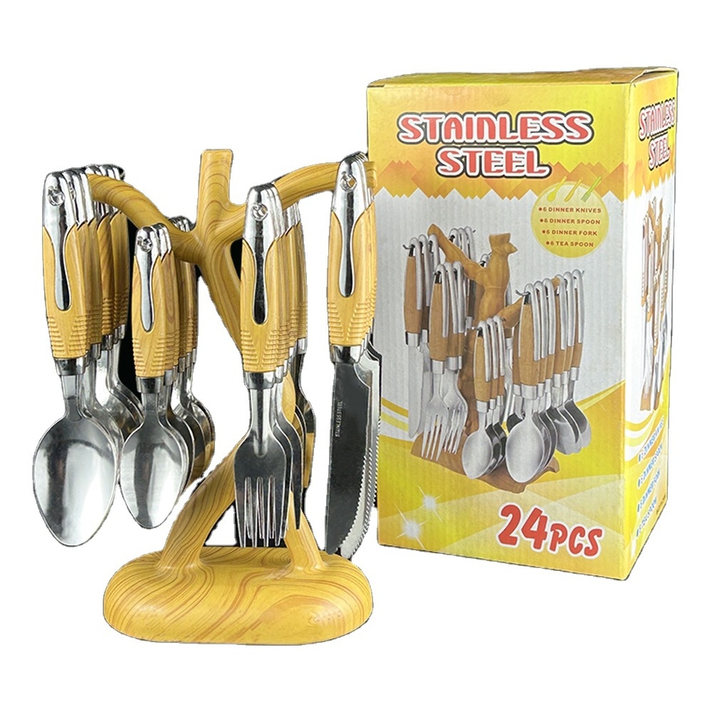 Wooden Handle Stainless Steel Wedding Cutlery Knife Serve Fork Spoon 24pcs Home Dinnerware Flatware Set With Rack