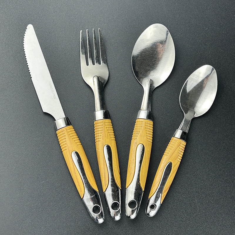 Wooden Handle Stainless Steel Wedding Cutlery Knife Serve Fork Spoon 24pcs Home Dinnerware Flatware Set With Rack