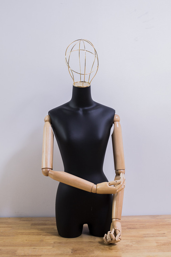 female vintage half body mannequin dress form with metal wire head and wood arms