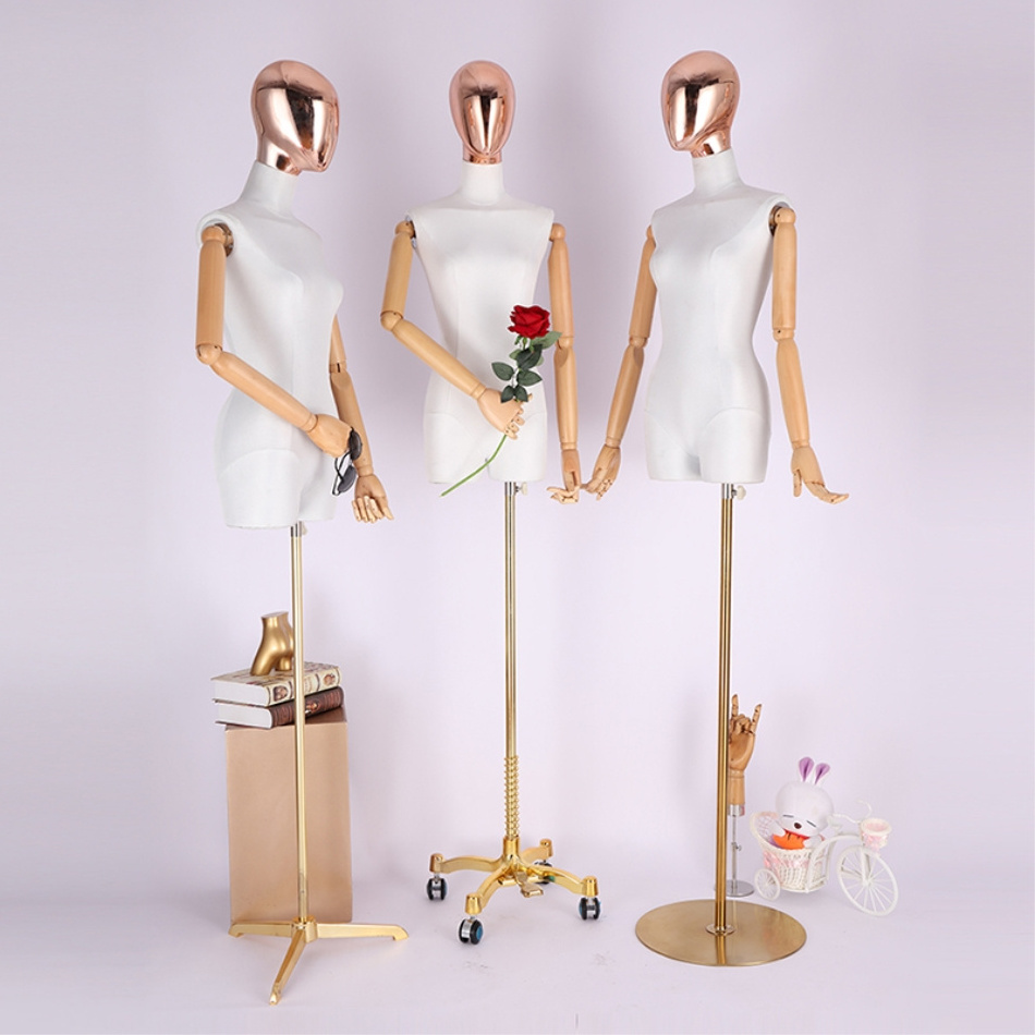 Chrome Head Female  torso fabric dress form mannequins with  wood arms and wheals