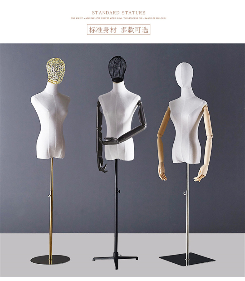 Chrome Head Female  torso fabric dress form mannequins with  wood arms and wheals