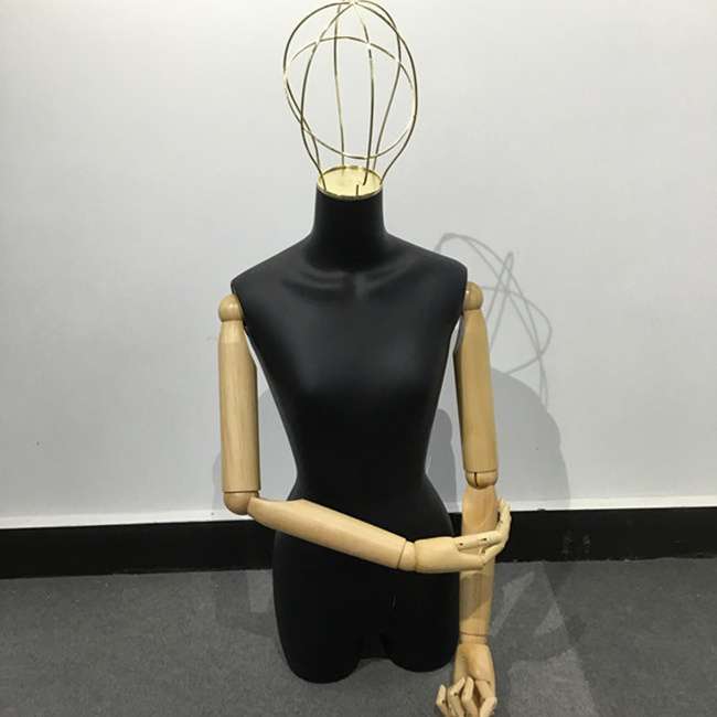 female vintage half body mannequin dress form with metal wire head and wood arms