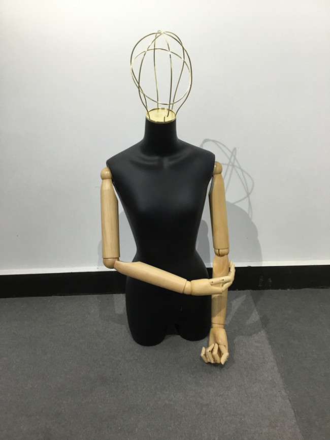 female vintage half body mannequin dress form with metal wire head and wood arms