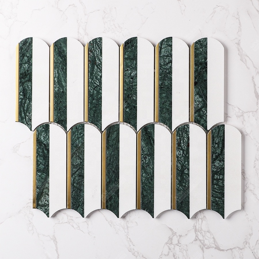 China Feather Shape Thassos White Mix Dark Green Gold Stainless Steel Brass Polished Marble Stone Waterjet Mosaic Wall Tiles